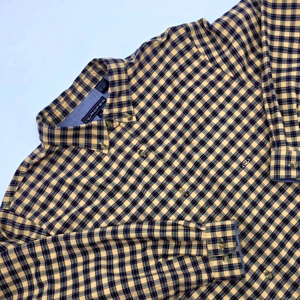 Roper Mens XL Yellow Navy Plaid Button Down Long Sleeve Cotton Shirt 350379835